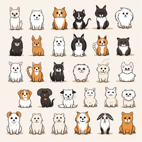 feline canine companions populate calming beige backdrop with rounded forms