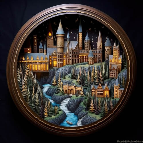 hogwarts castle amidst ancient woodland under midnight celestial canopy