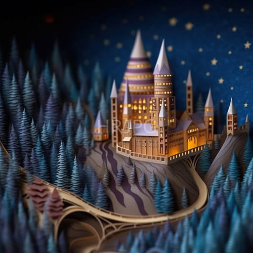 winter castle spires rise from alpine snows and pine forests amidst celestial voids