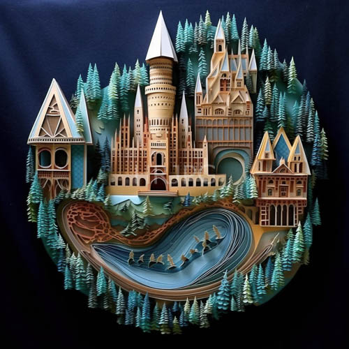 layered parchment diorama captures hogwarts castles weathered architectural silhouette in intricate beige tones