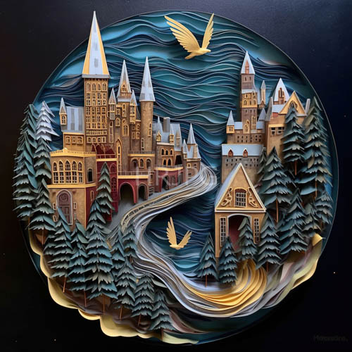 medieval fortress amidst winter nocturne pine forest celestial expanse