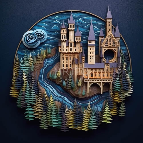 medieval fortress silhouette emerges from precisioncut paper landscape textures