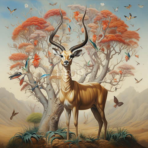 antelope silhouette stands out amidst metallic luster against rugged savanna textures and swaying grasses