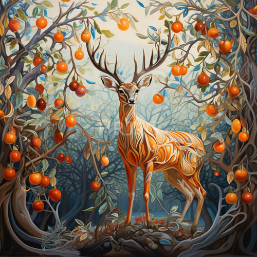 arcadian deer amidst fruit laden trees under muted orange light