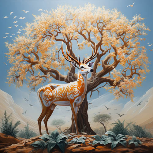 towering blooming trees canopy encases intricate orange patterns of white deer