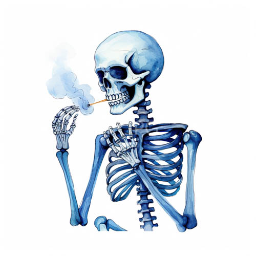 personified skeletal figure bathed in cool atmospheric blue hues with wisps of ethereal pigment