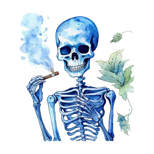 self aware skeleton embodies macabre charm with indigo pigments cerulean tones deep shadows stark white canvas