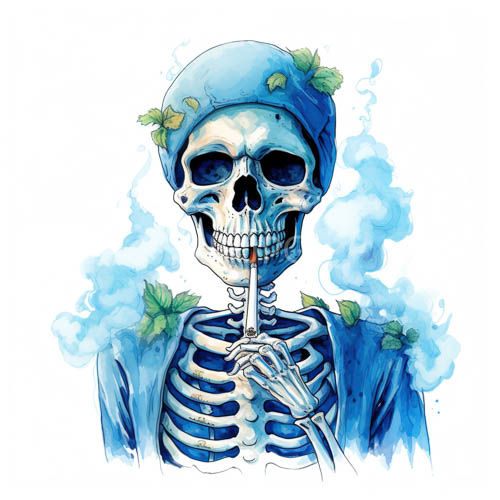 anthropomorphized skeleton emerges from pristine white void in foliageadorned watercolor study