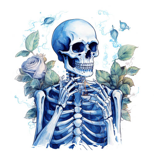 gently glowing indigo skeleton with delicate watercolor transparency captures anatomical depth