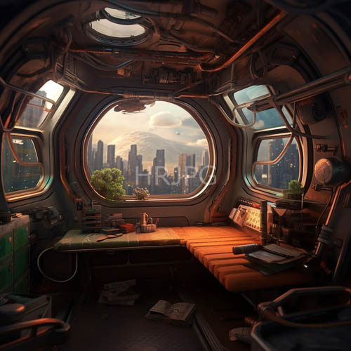 hyper modern cockpit unveils amber hued textures amidst urban sprawl and hazy violet mountain ranges during sunset
