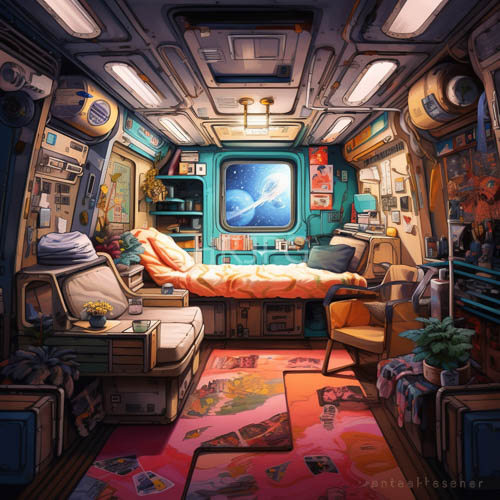 compact interstellar sanctuary defines perimeter with tealhued bulkheads and panoramic view of vast velvet darkness