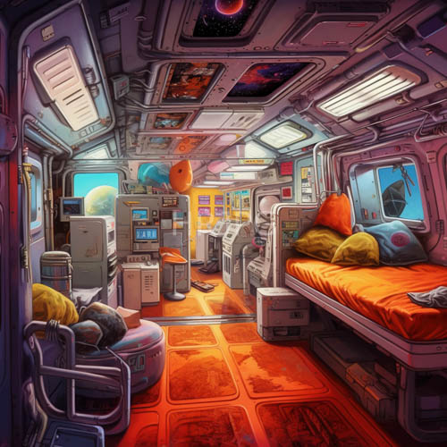 retrofuturist living quarters unveil sunset orange hues amidst cosmic vistas