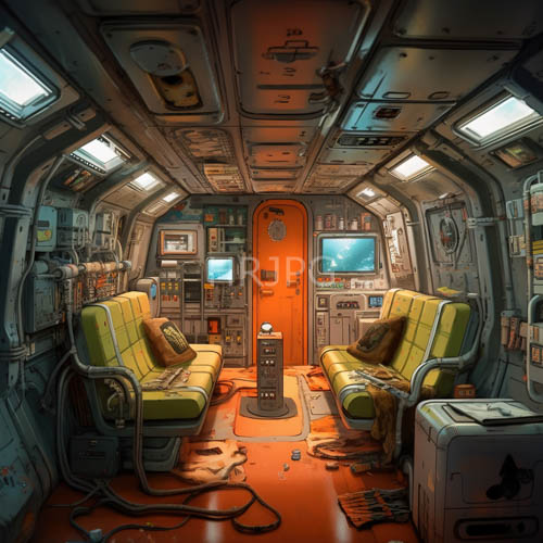 lustrous green upholstery defines compact cabin with vibrant orange door and deliberate architecture