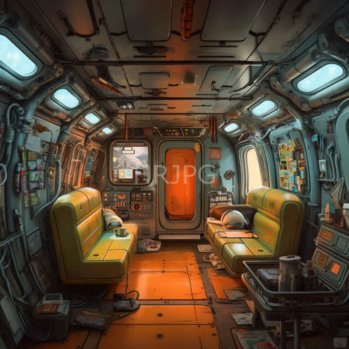 yellowgreen upholstered seats confront industrial orange flooring in subterranean spacecraft cockpit