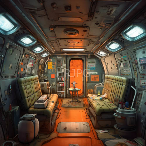 moody light defines cinematic atmosphere in recessed spacecraft interior with plush upholstery