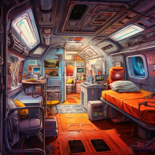 post modern spacecraft living quarters with deliberate use of space and sustained earthy aesthetic