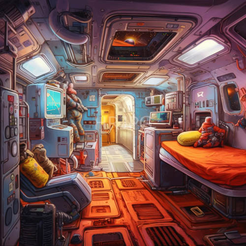 High Resolution: Tech-Forward Habitat Aesthetic Defined by Cobalt and Amber Light in DeepSpace Dormitory download. | HRJPG.com