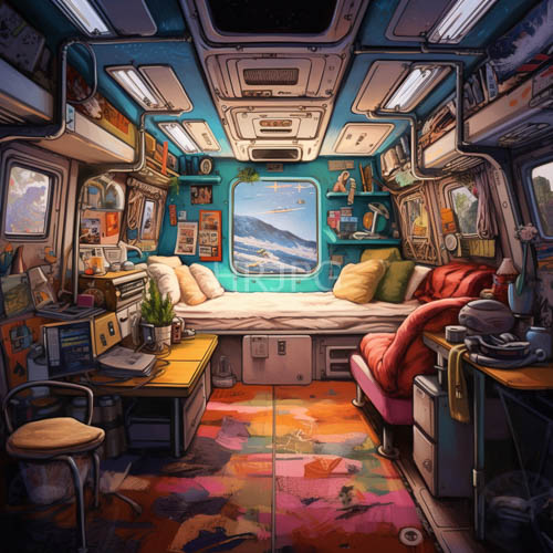 bohemian sanctuary on wheels with geometric motifs and immersive kaleidoscopic environment