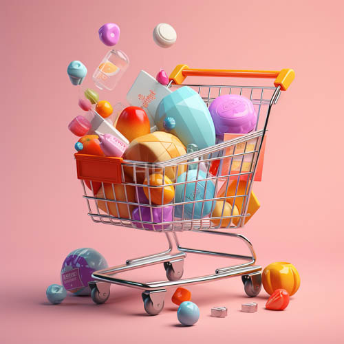 whimsical shopping cart anchors confectionery delicacies in pristine sugarspun atmosphere