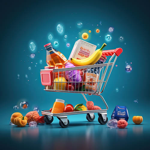 consumer goods suspended in teal expanse with eclectic harvest and industrial accents