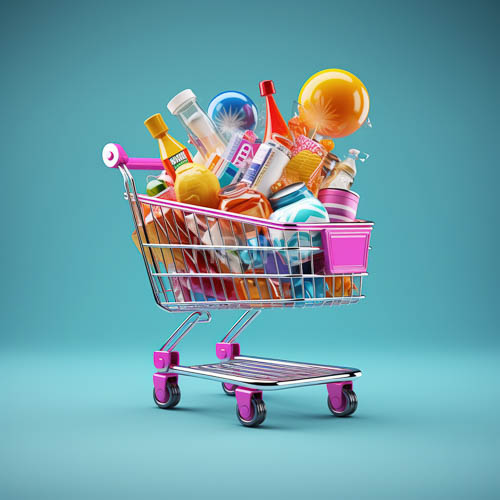 sugary delights spill from whimsical pink cart in grocery aisle amidst iridescent hues