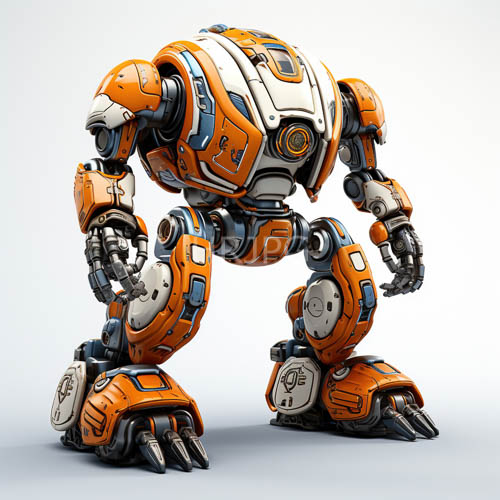sophisticated humanoid machine interlocks bright orange panels with crisp white plating