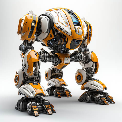 precisionengineered quadrupedal machine with orange and white armored plating and aerodynamic chassis