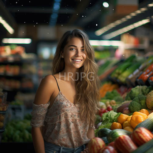 chestnut tresses frame relaxed posture amidst bustling grocery store aisles and produce section