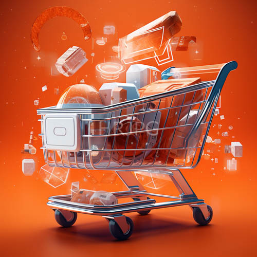 precisionengineered shopping cart suspends vibrant orange and white geometric fragments in highcontrast environment