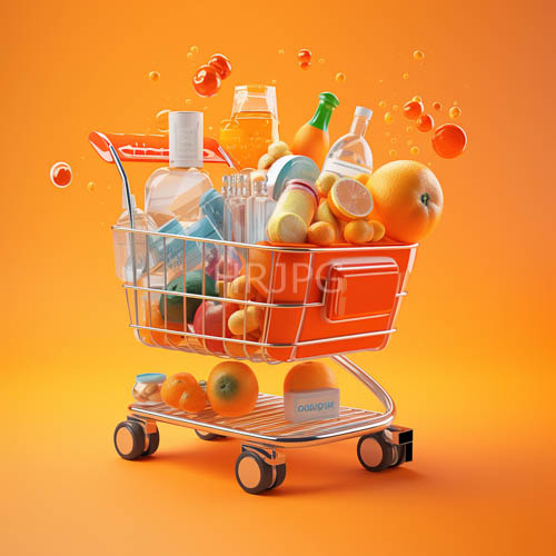High Resolution: SunDrenched Amber Gradients Encompass CitrusThemed Bounty in a Metallic Shopping Cart Setting download. | HRJPG.com