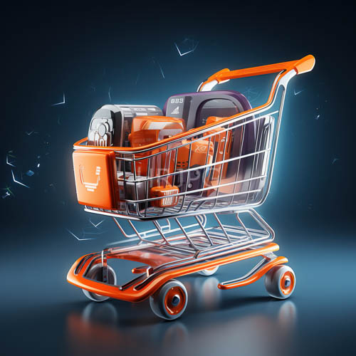 steel framed shopping cart composition with travel gear and luminous light effects