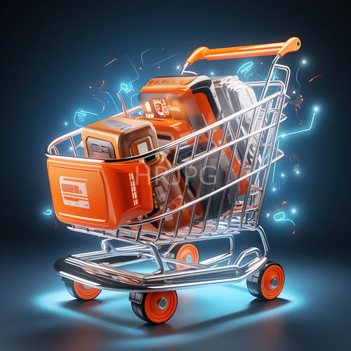 meticulously rendered shopping cart meets ambient environment in obsidian backdrop with ethereal circuitry