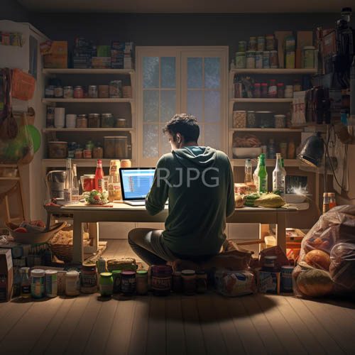 focused young man illuminates cluttered kitchen with artificial light