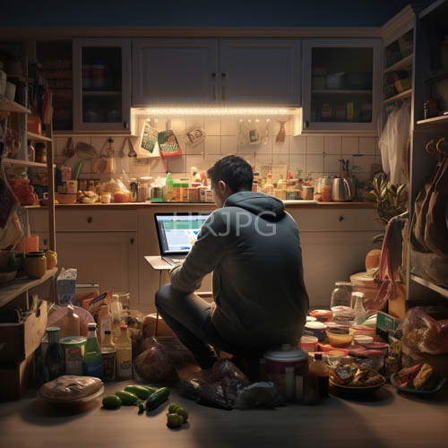 asian man in nocturnal focus amidst kitchen clutter and artificial light