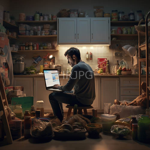 focused individual confronts obsidianshaded laptop in dimly lit culinary space