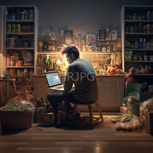 latenight kitchen solitude illuminated by laptop screens muted luminescence atop wooden stool