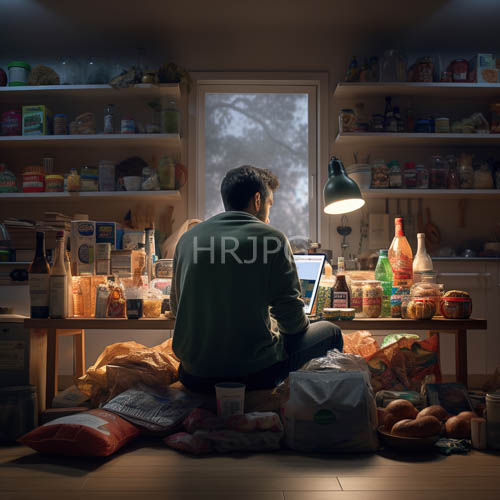 shadows define rustic kitchen with man in crosslegged position on wooden floorboards