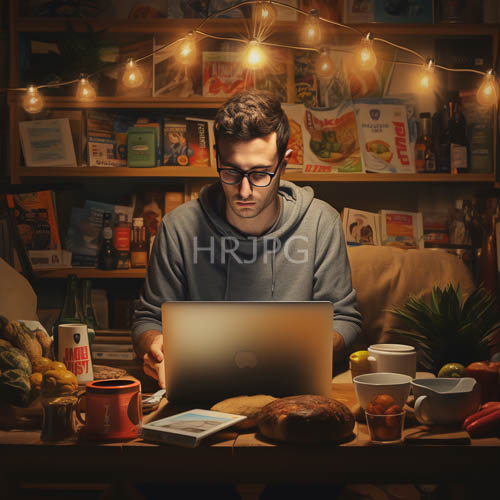 High Resolution: Young men immersed in latenight study sessions with laptops and string lights download. | HRJPG.com