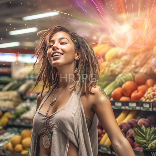lively produce aisle encounter captures luminous skin and textured dreadlocks in mornings early chaos
