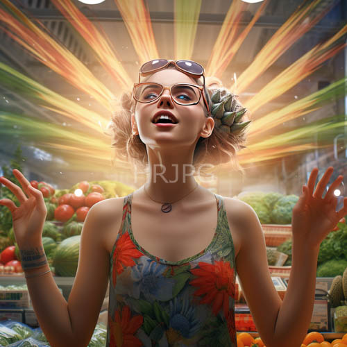 captivating of a spirited young woman amidst a vibrant supermarket setting