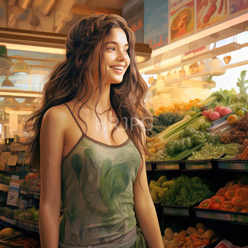 womans chestnuttoned locks cascading over crisp greens amid market hue