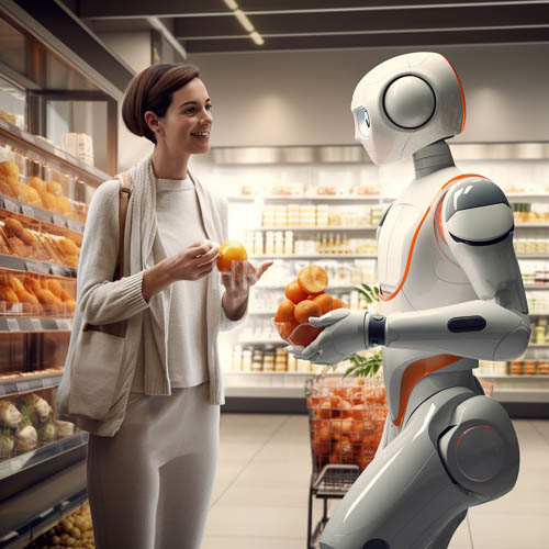 fresh orange aisle encounter with engaged shopper in modern convenience