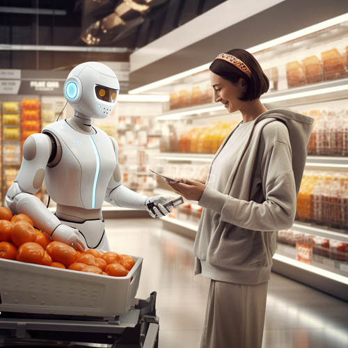 High Resolution: Sophisticated Android Meets Human Commerce in Pristine Retail Environment download. | HRJPG.com