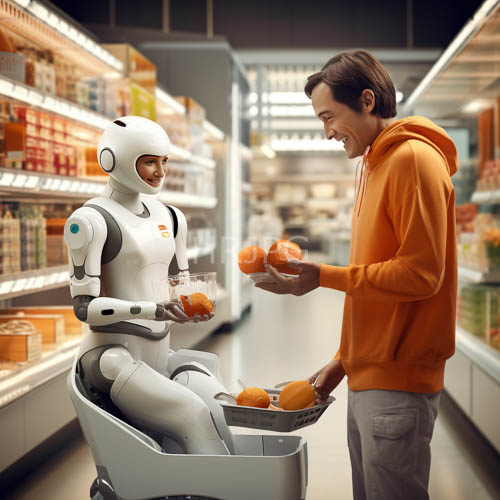 cybernetic robots interact with human workers in aisles of modern marketplaces under fluorescent lighting