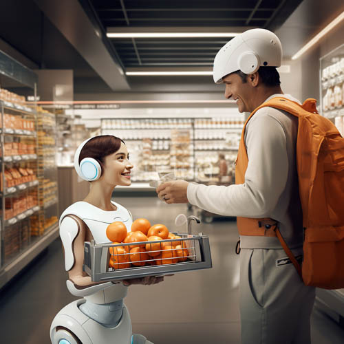 specular grocery aisle intersects with mundane rhythm of commerce and technology