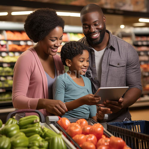 familial connection amidst modern grocery store setting with sunlit aisles and textured clothing