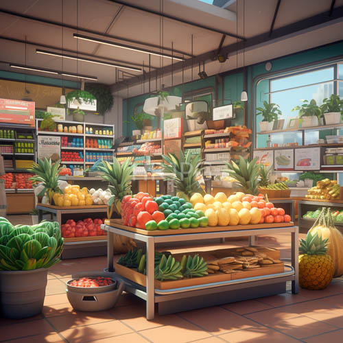 market canopy illuminated by filtered amber rays on rustic wooden stalls