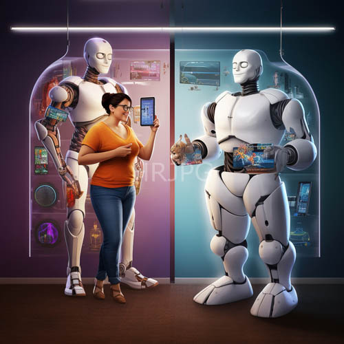 silver toned figures confront ambient violet and blue backdrops with organic realism