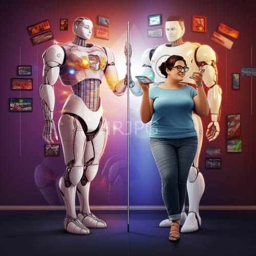 violet walls and synthetic humanity unite amidst vertical light pillars and intricate posters