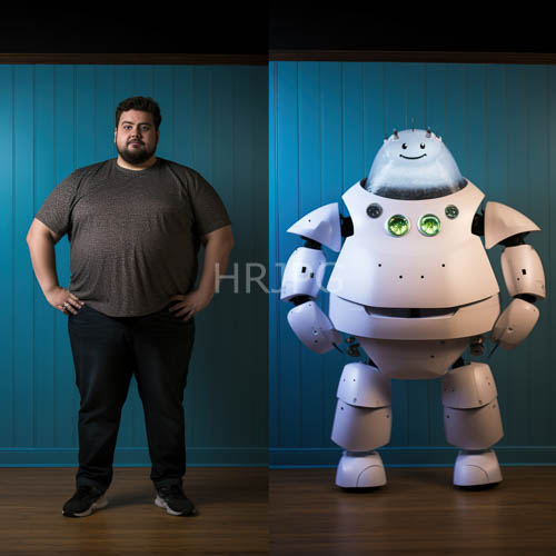 High Resolution: Overweight Bearded Men Stand Beside Sleek White Androids in Industrial Spaces download. | HRJPG.com